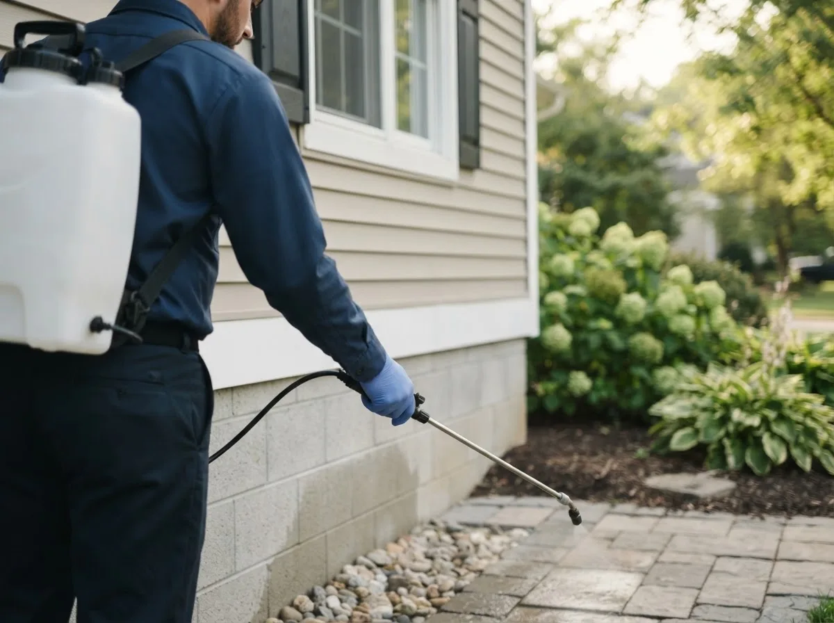 Pest control technician inspecting a home in New Springfield, OH